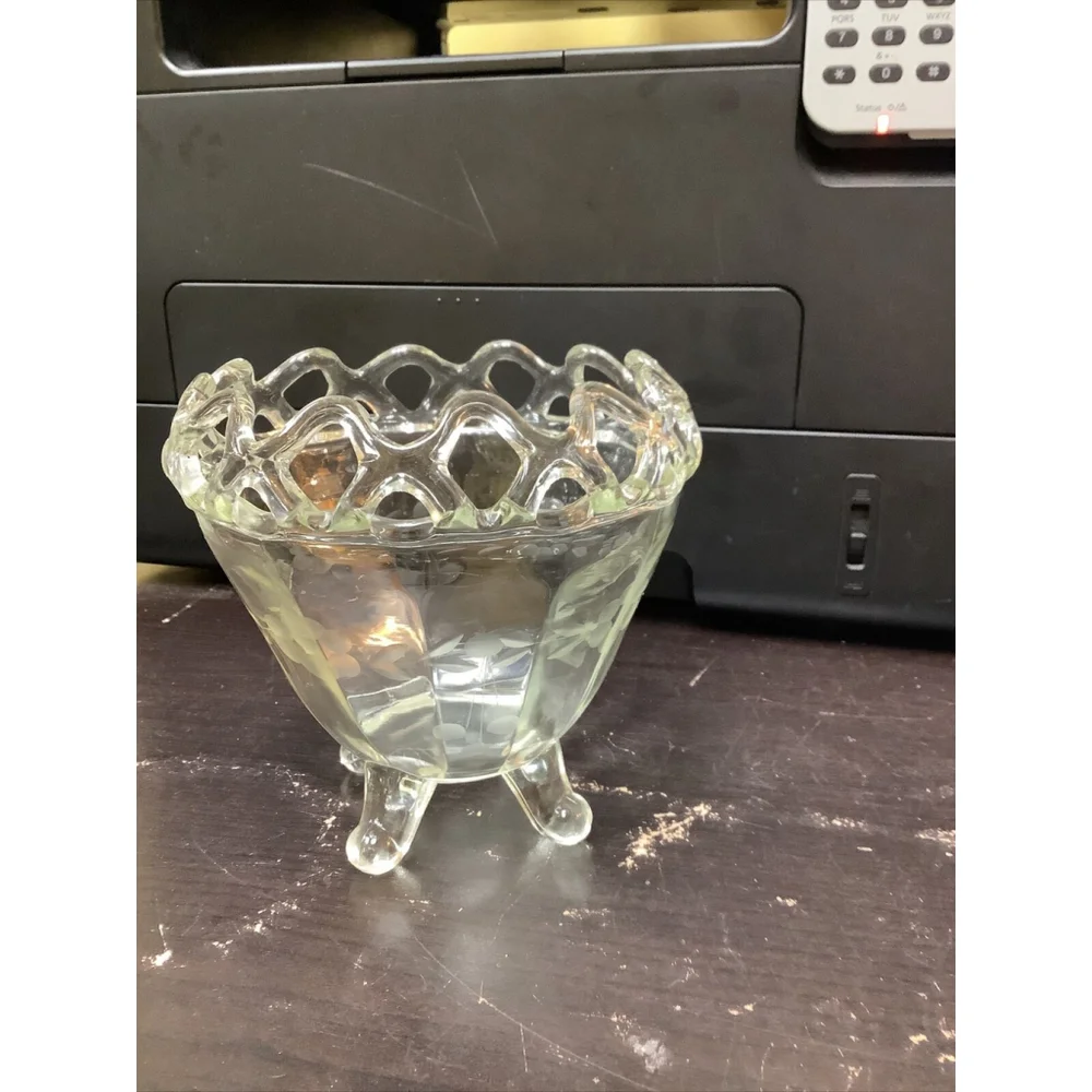 Vintage Glass Etched Floral Crystal 4 Footed Compote Bowl with Lace Top Imperial